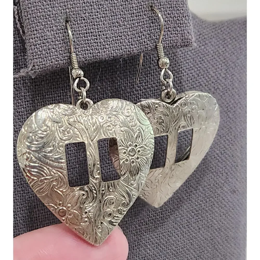 Silver Engraved Heart Dangle Earrings Fish Hook Back Lightweight